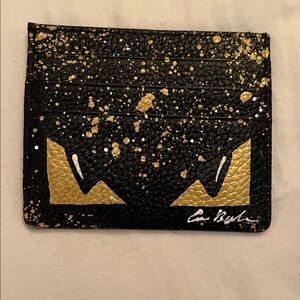 Anca Barbu Black and Gold Hand Painted Leather Card Holder- New